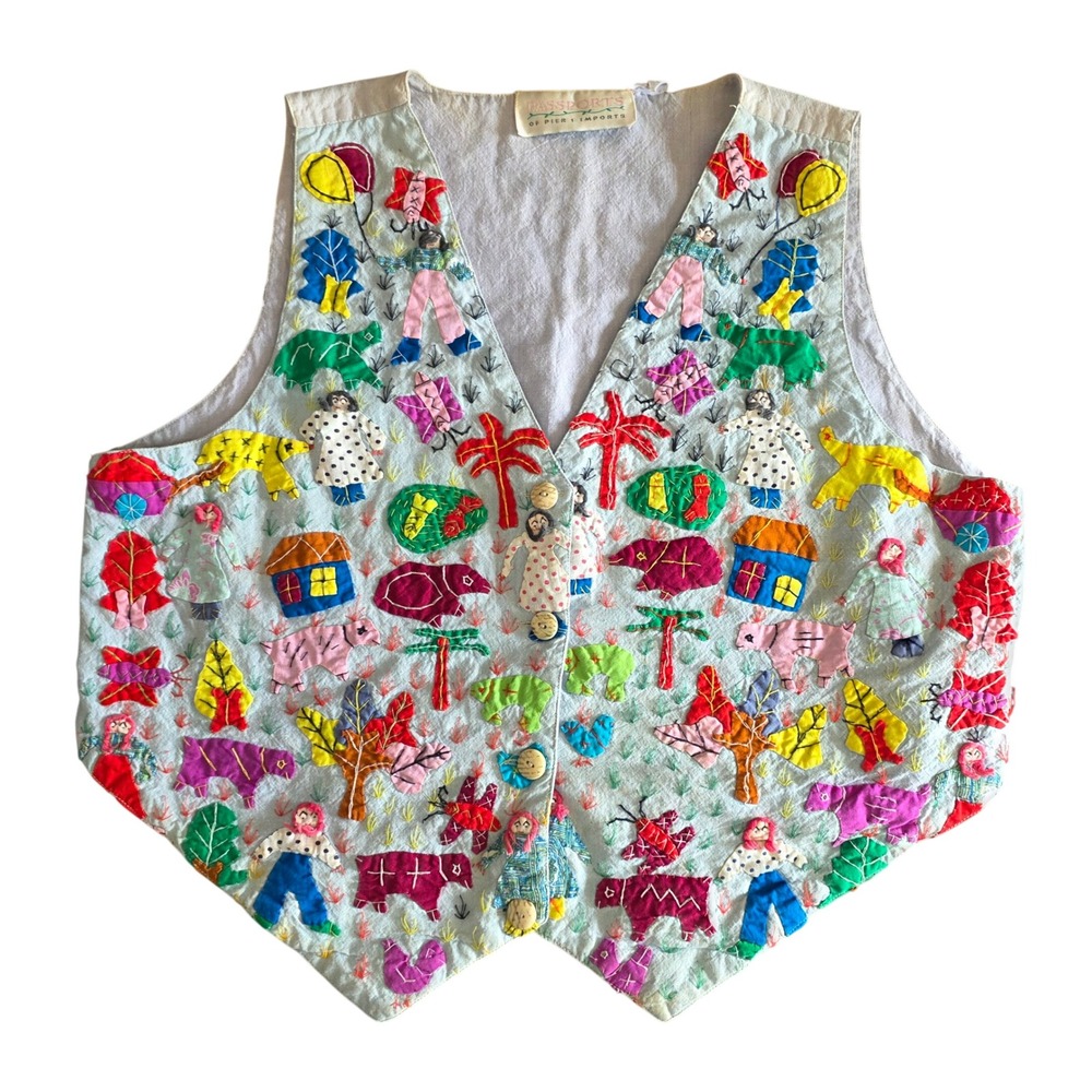 Vintage Passports Pier 1 Imports Folk Art Embroidered Applique Cotton Vest OS